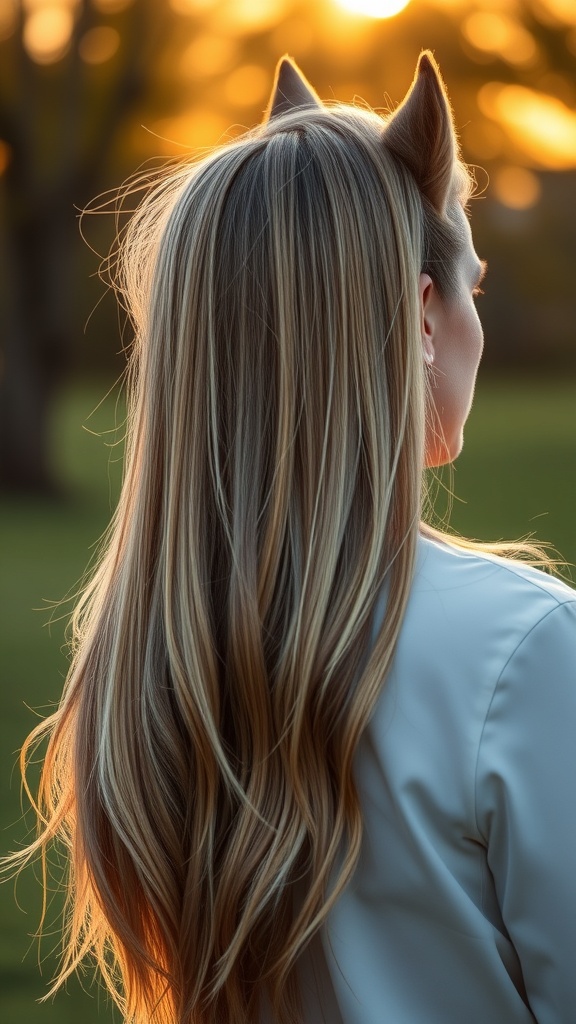 A woman with long wolf cut hair featuring subtle highlights, viewed from the back against a sunset backdrop.