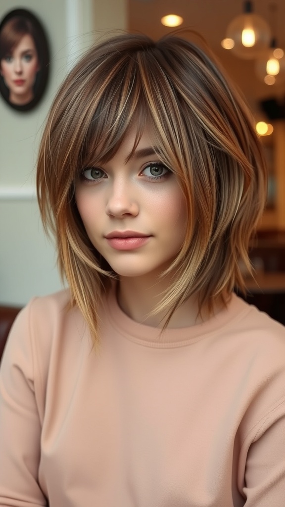 A woman with a longer shag hairstyle featuring textured bangs, looking stylish and modern.