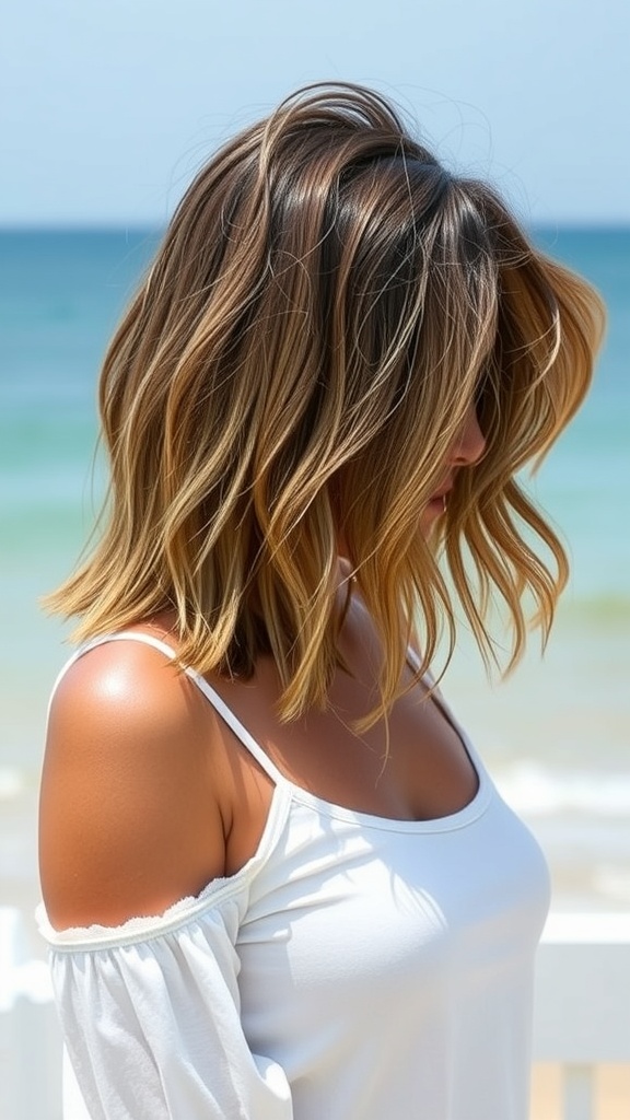 Longer shaggy bob hairstyle with beachy waves, sunglasses, and a beach background