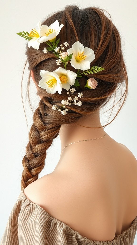 A loose braid hairstyle with floral embellishments, showcasing elegance and charm.