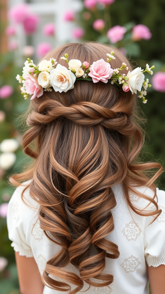 A girl with loose waves and a floral crown, showcasing a romantic hairstyle.