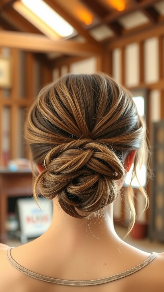 A low messy bun hairstyle showing the back of a woman's head with soft strands falling around her face.