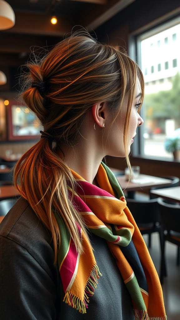 A woman with a low ponytail wearing a colorful scarf, showcasing a stylish hairstyle for greasy hair.