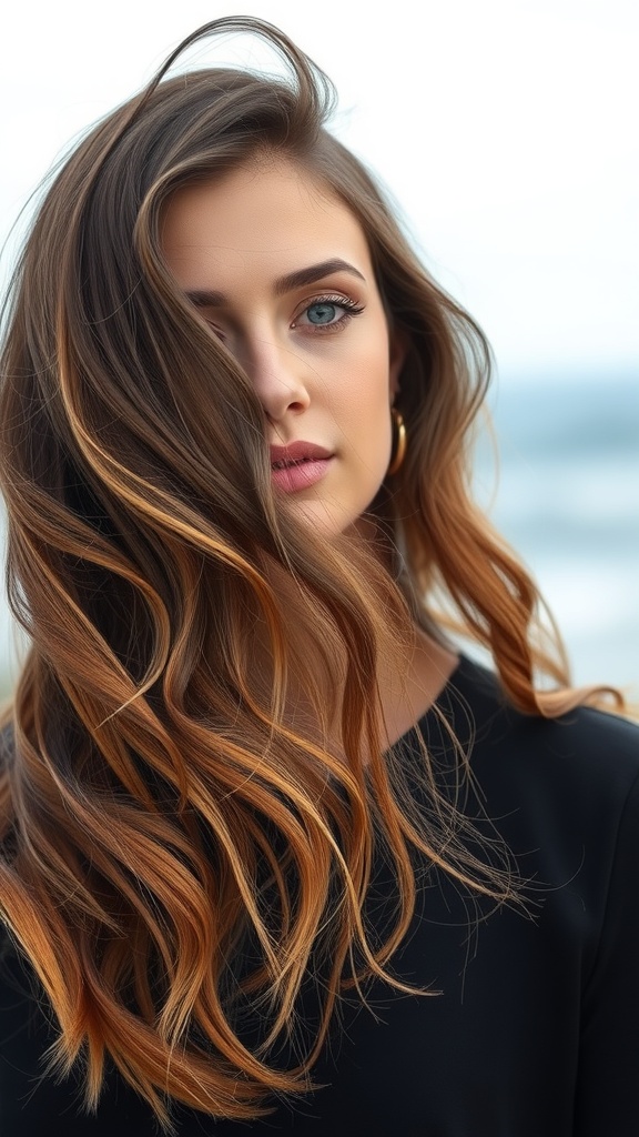 A woman with long, wavy brunette hair styled in luxe beachy waves.