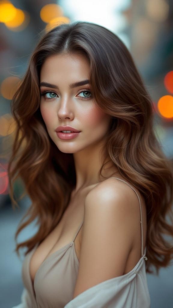 A woman with luxurious glossy hair, styled in soft waves, exuding elegance and sophistication.