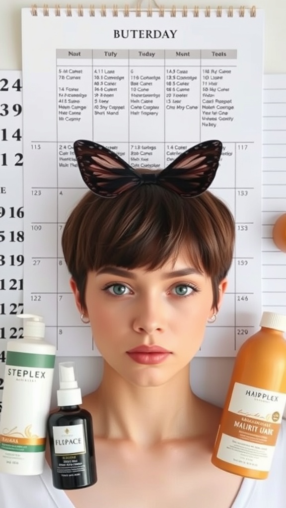 A woman with butterfly cut short hair, surrounded by hair care products and a calendar.
