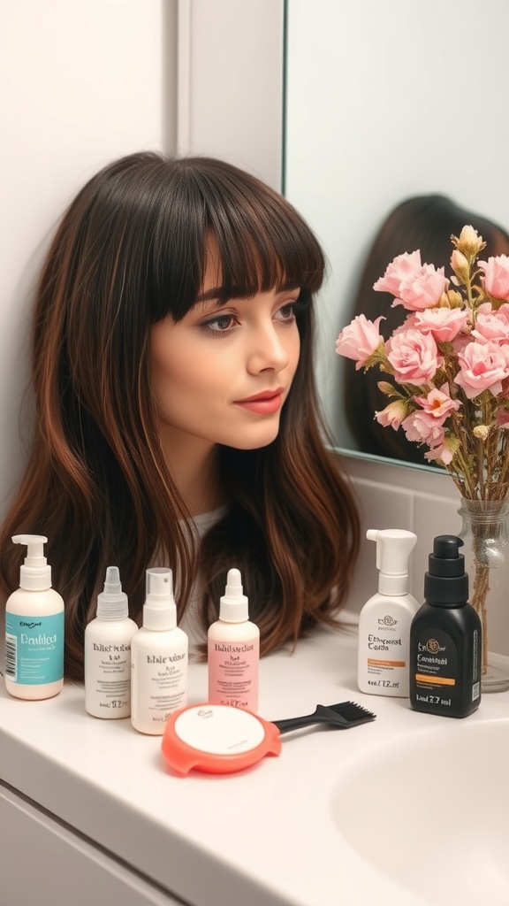A woman with curtain bangs and a wolf cut, surrounded by hair care products in a bathroom setting.