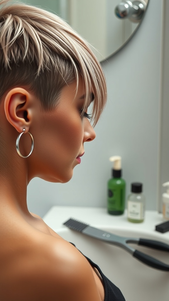 A woman with a faded undercut hairstyle looking in the mirror, surrounded by hair care products.