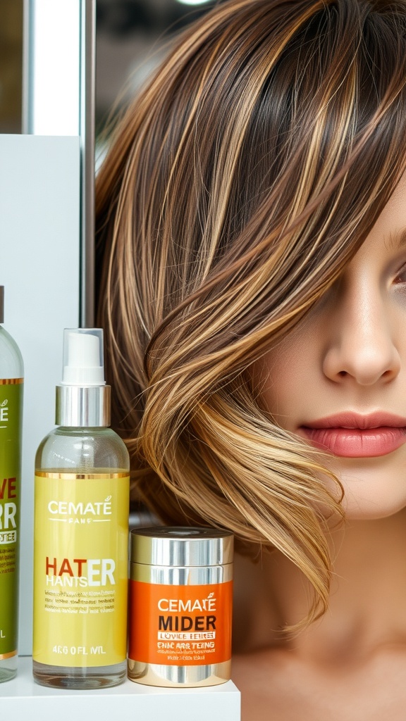 A mannequin with layered hair and various hair care products displayed in a salon.