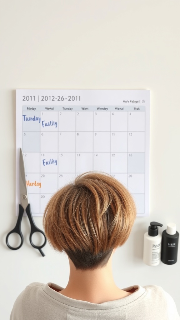 A person with a short stacked wedge haircut, scissors, and hair products on a table beside a calendar.