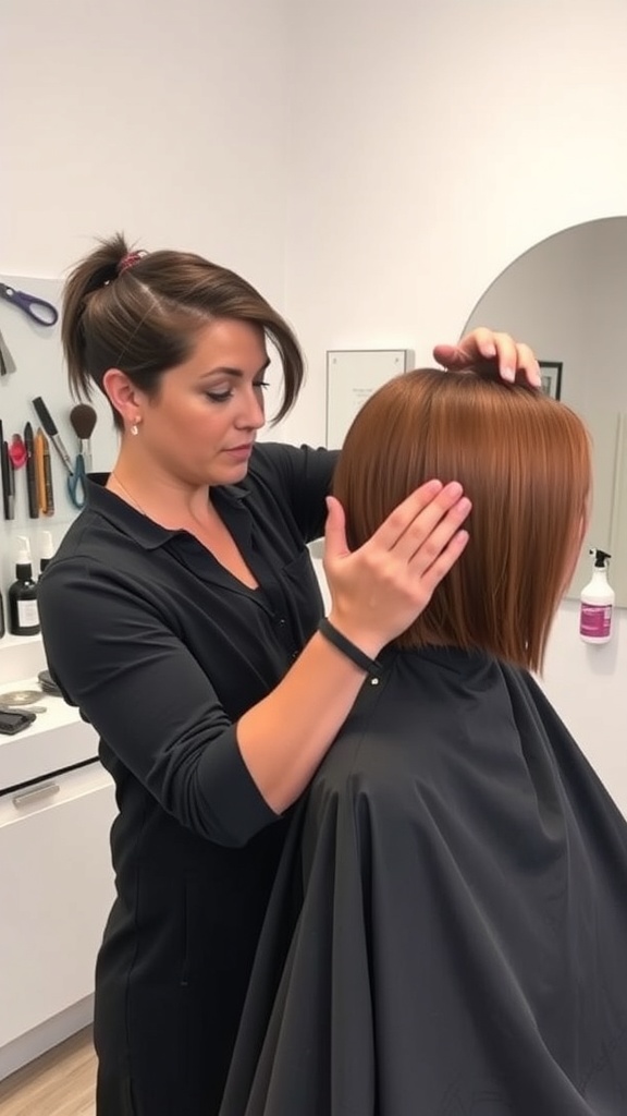 A stylist working on an undercut bob hairstyle.