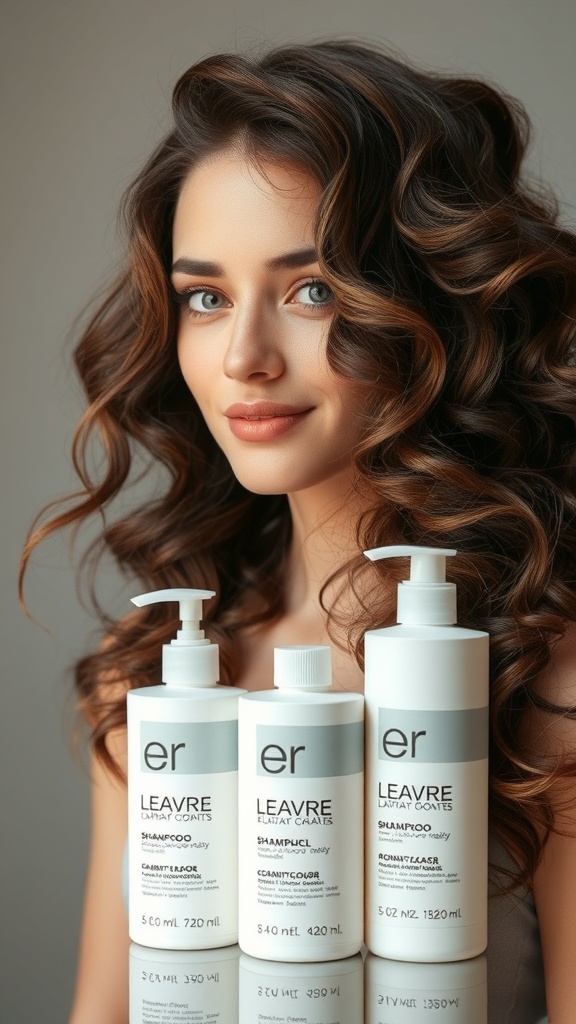 Image of hair care products for maintaining wavy hair, featuring various shampoos and conditioners.