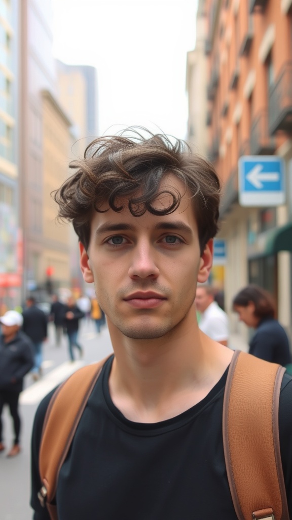 A young man with medium length curly hair standing in a city street.