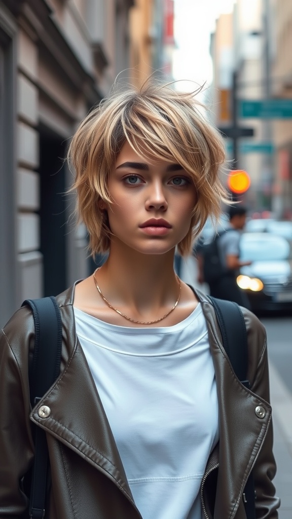 A stylish individual with a medium shag haircut, wearing a beige blazer, looking back on a city street.