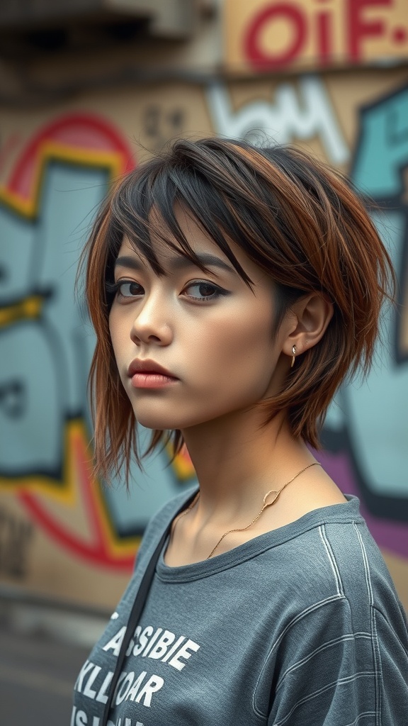 A person with a messy bob hairstyle featuring an undercut, set against a colorful graffiti background.