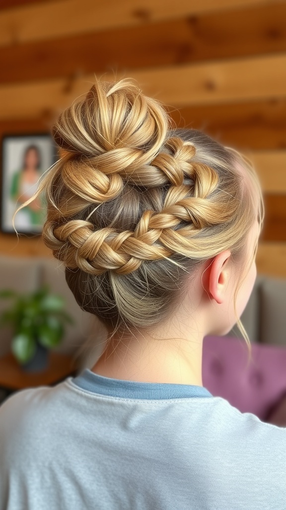 A messy bun with baby braids, showcasing a stylish and playful hairstyle.