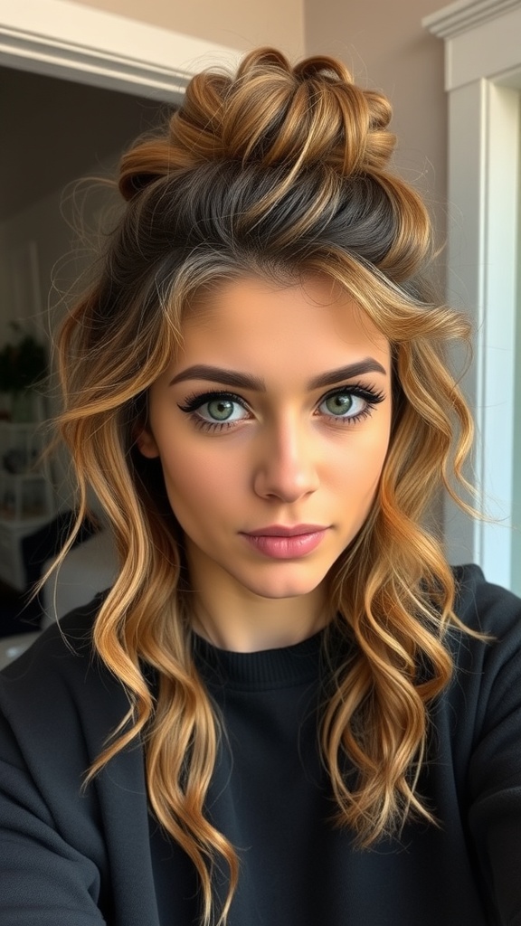 A messy bun hairstyle with curly layers, showcasing loose curls cascading down.