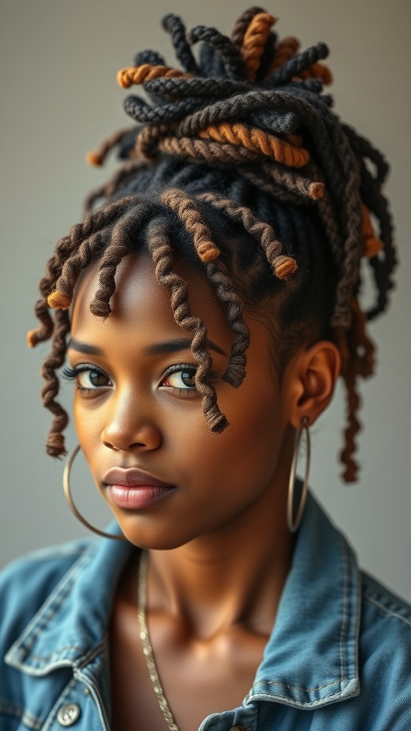 A woman with dyed locs styled in a messy bun, showcasing a mix of dark and light colors.