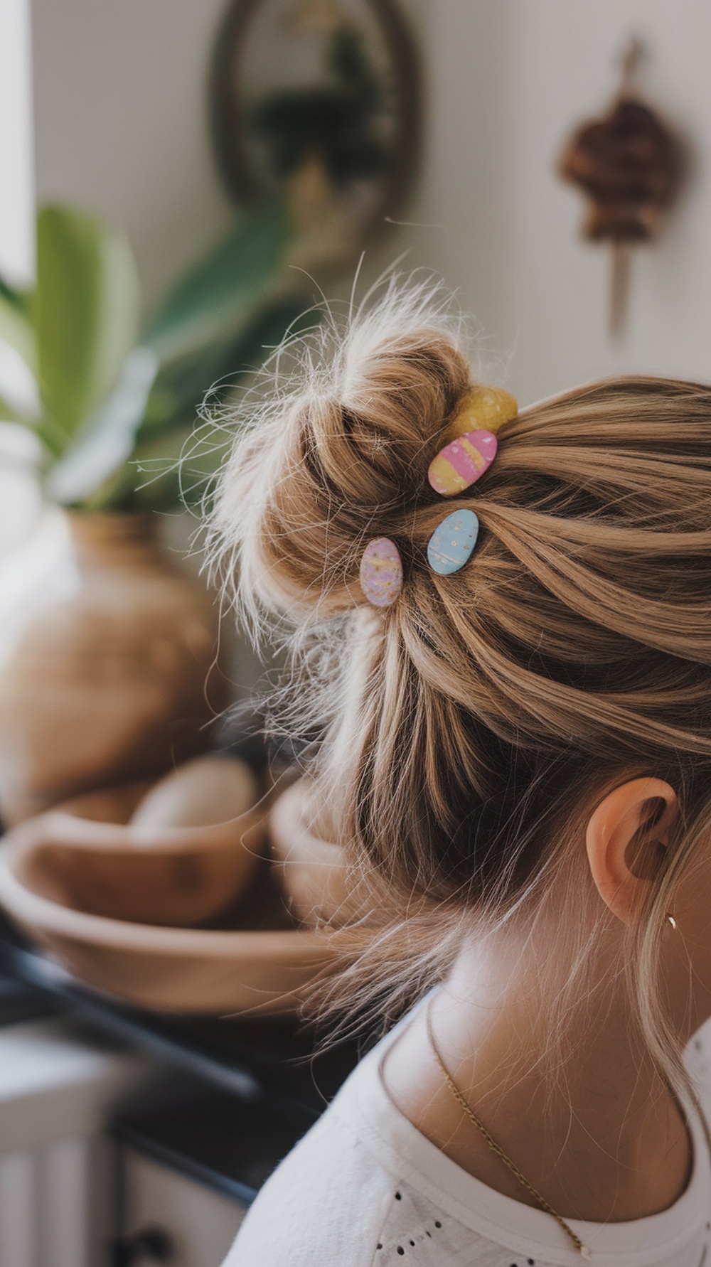 A messy bun hairstyle adorned with colorful Easter egg clips.