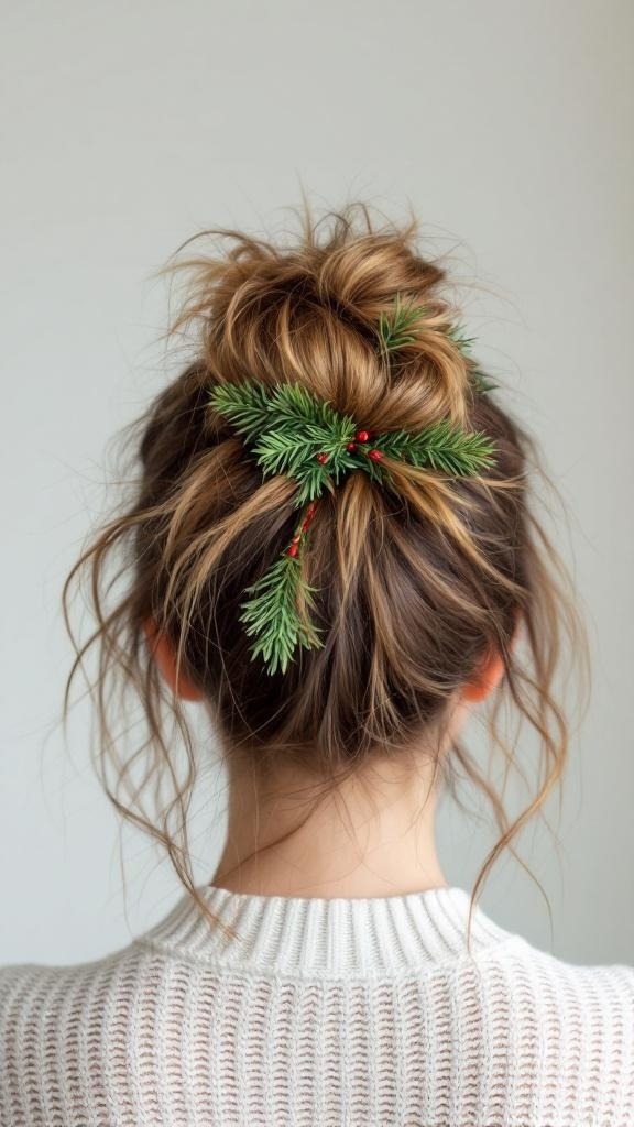 A messy bun hairstyle decorated with evergreen sprigs and red berries.