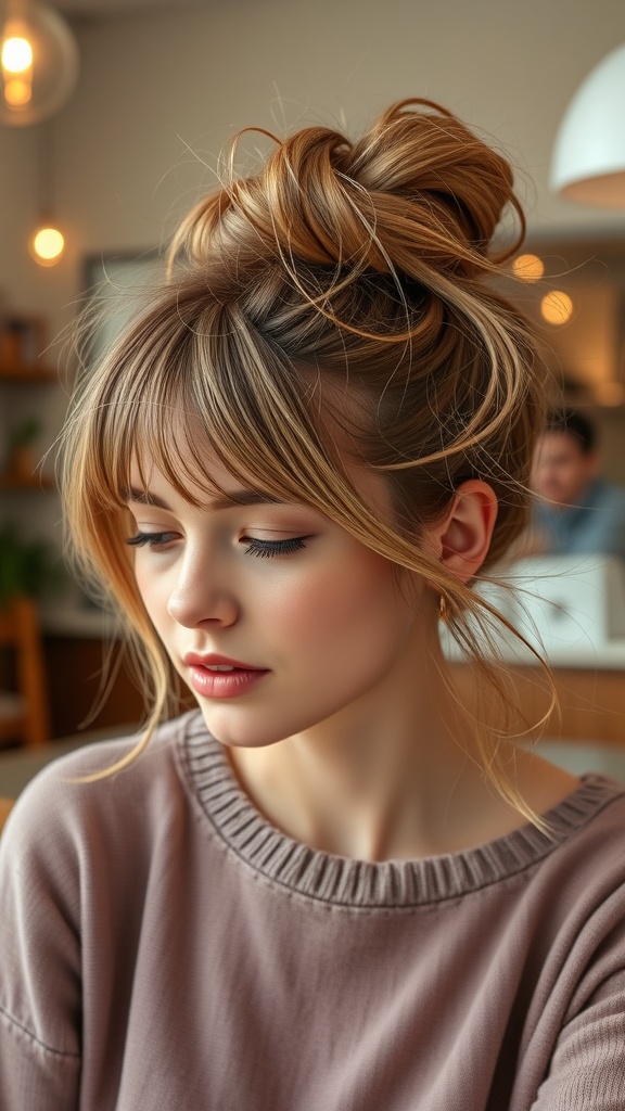A woman with a messy bun and face-framing layers, showcasing a casual yet elegant hairstyle.