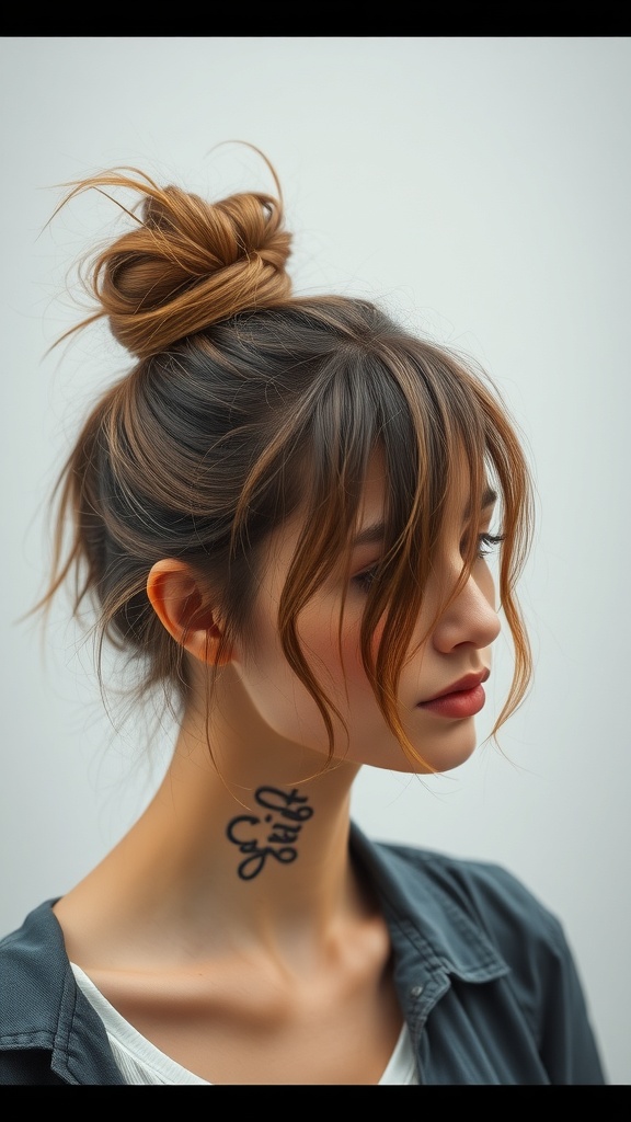 A woman with a messy bun hairstyle and face-framing strands.