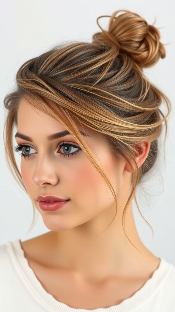 A woman with a messy bun hairstyle and face-framing strands, showcasing a relaxed and stylish look.