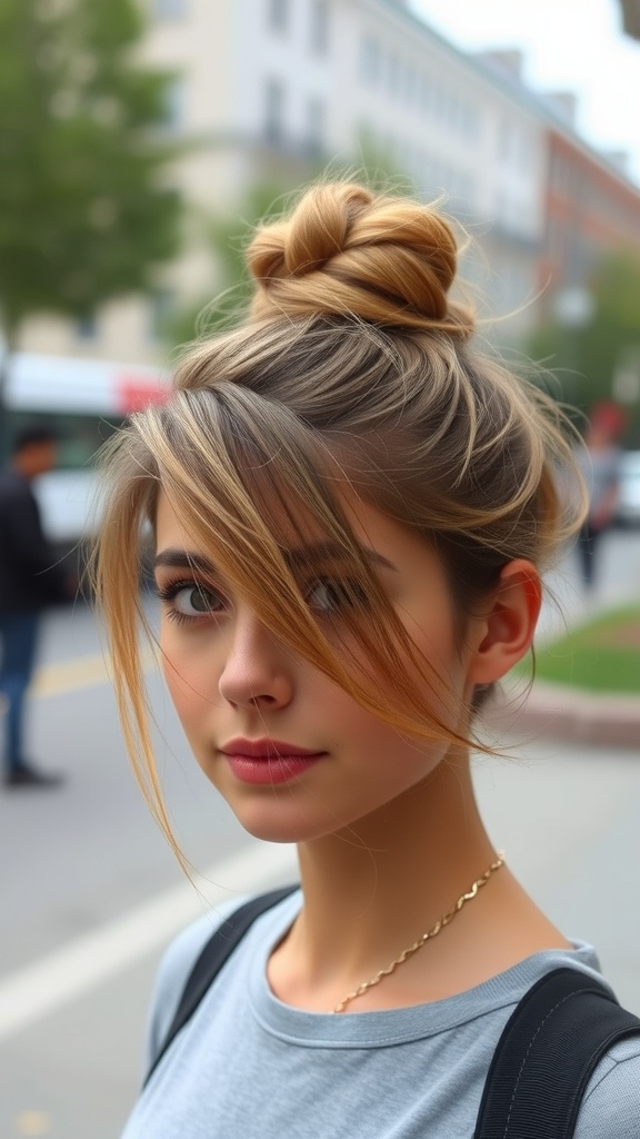 A young woman with a messy bun hairstyle and face-framing strands, looking stylish and casual.