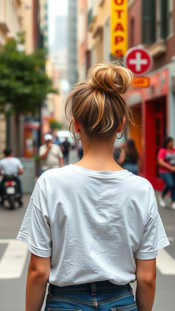 A woman with a messy bun hairstyle, wearing a white t-shirt and jeans, walking in a busy street.