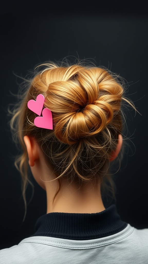 A messy bun hairstyle with heart-shaped accessories, showcasing a playful and festive look.