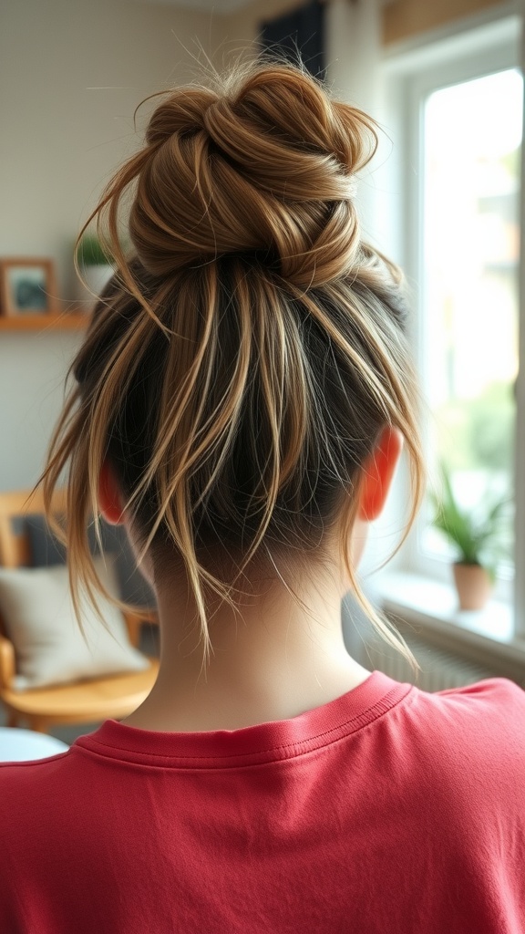 A woman with a messy bun hairstyle, showcasing long textured strands, viewed from the back.