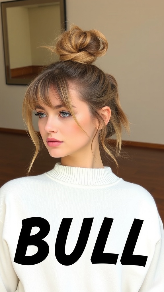 A young woman with a messy bun and side bangs, wearing a white sweater with the word 'BULL' on it.