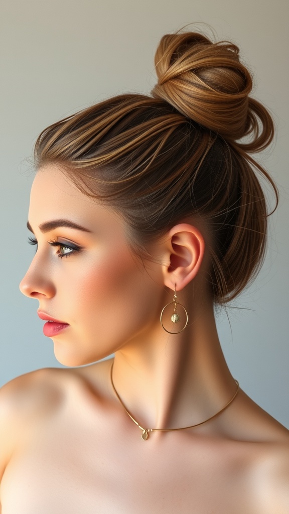 A woman with a messy bun and a side shave, showcasing a stylish and edgy hairstyle.