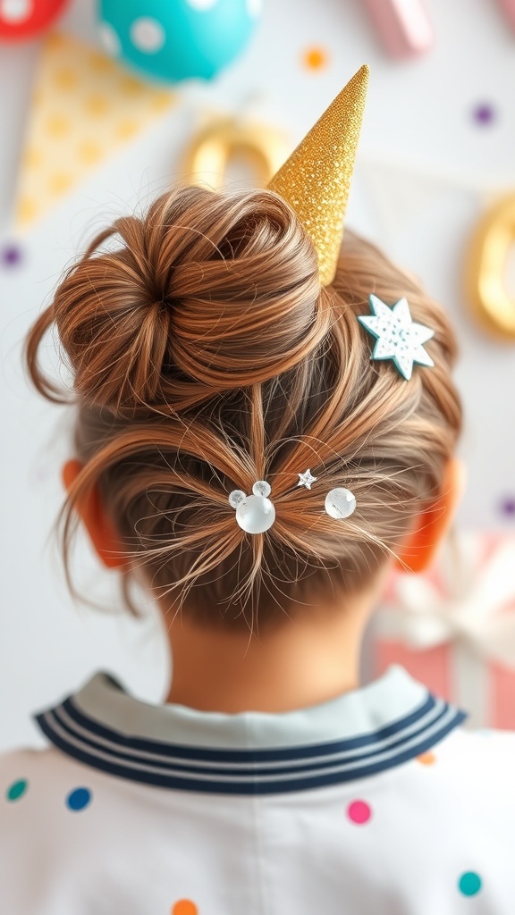 A messy bun hairstyle with sparkling accessories, featuring a golden party hat and decorative clips.