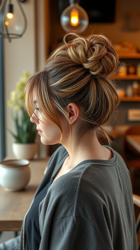 A woman with a messy bun and wolf cut layers, sitting in a cafe.