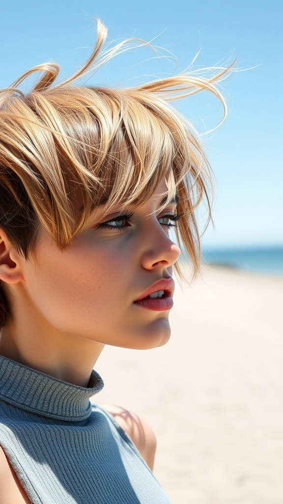 A model with a messy cropped hairstyle, showcasing tousled layers against a beach background.