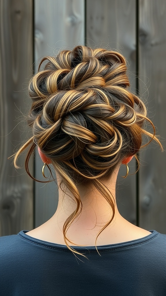 A messy curly updo hairstyle with loose tendrils framing the face, showcasing voluminous curls gathered at the top.