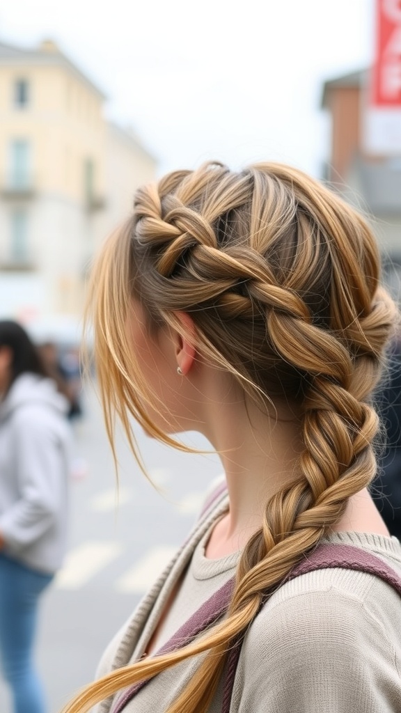 A woman with a messy Dutch braid hairstyle, showcasing a relaxed and playful look.