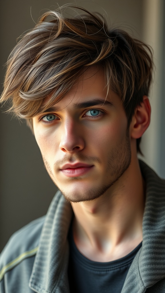A young man with a messy fringe hairstyle, showcasing a relaxed and stylish look.