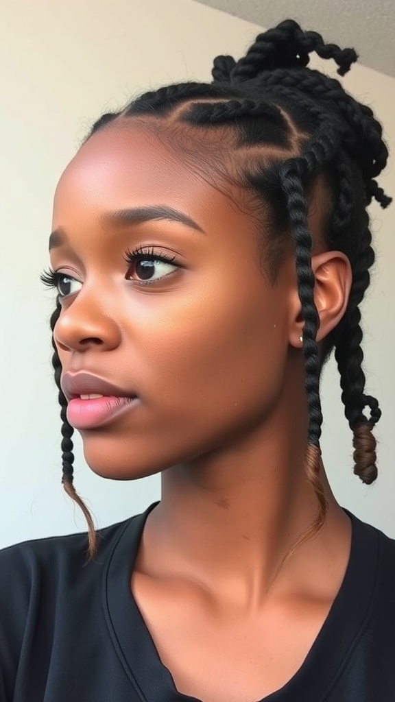 Short messy locs with a textured finish in dark and light tones.