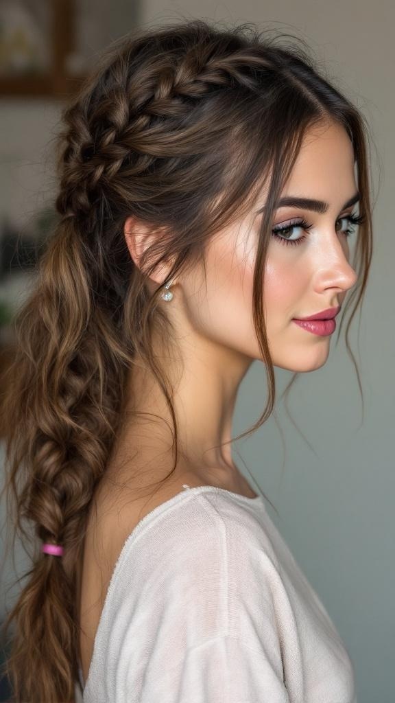 A woman with a messy low ponytail featuring braids, showcasing a relaxed and stylish hairstyle.