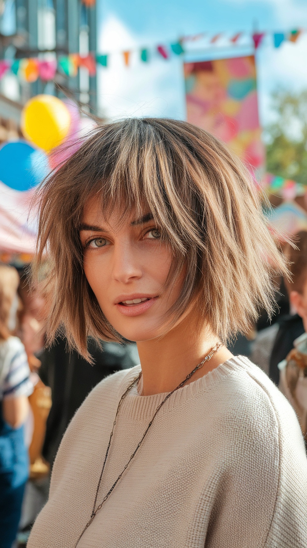 A woman with a messy shaggy bob hairstyle, wearing a light sweater, in a festive outdoor setting.