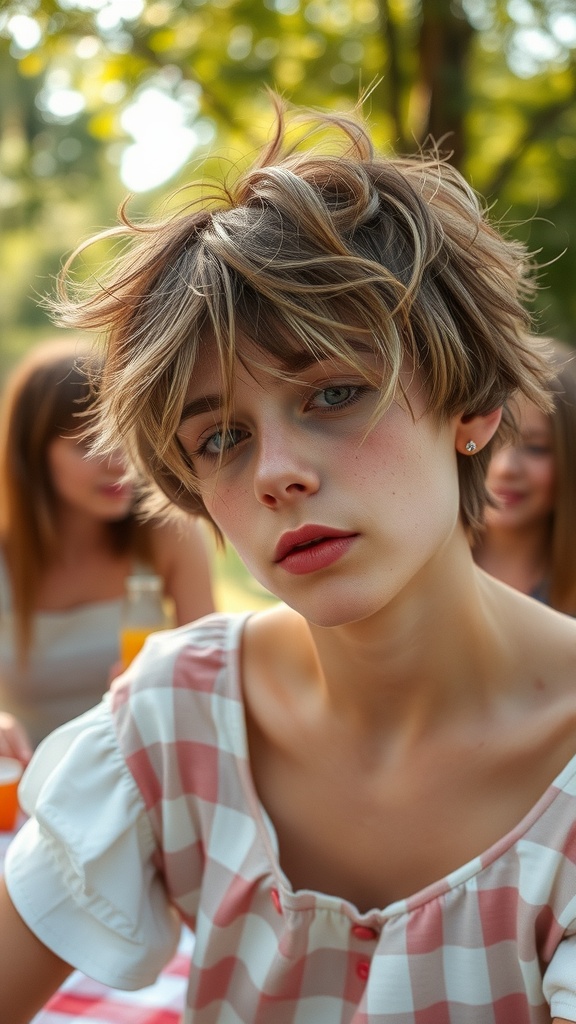 A young person with short, messy shaggy hair, looking relaxed and carefree.