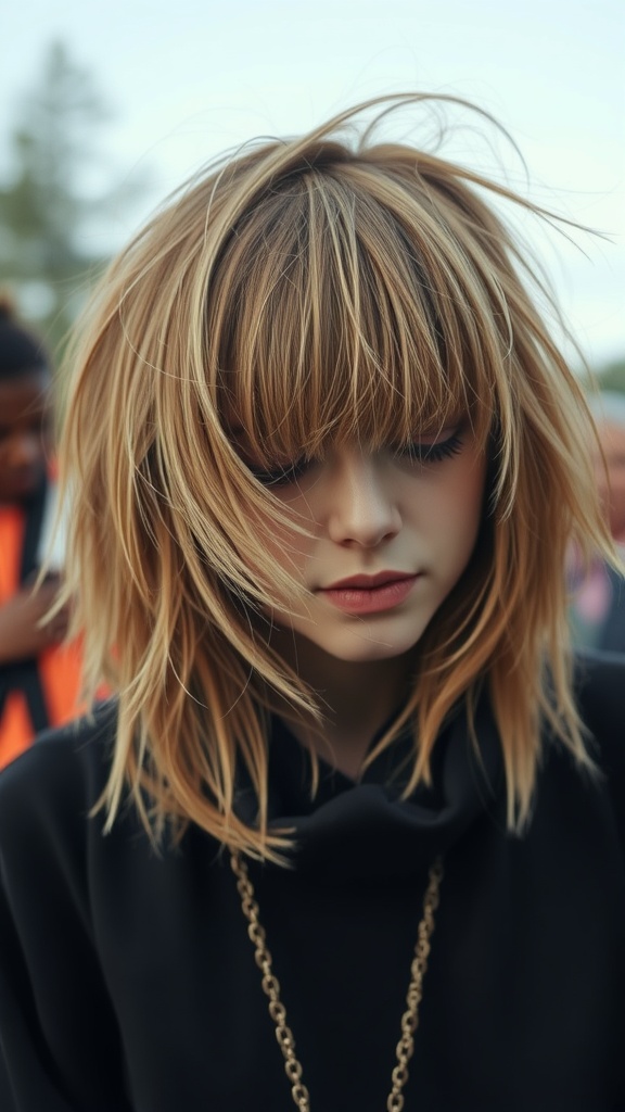 A woman with a messy textured shag hairstyle and bangs, looking stylish and relaxed.