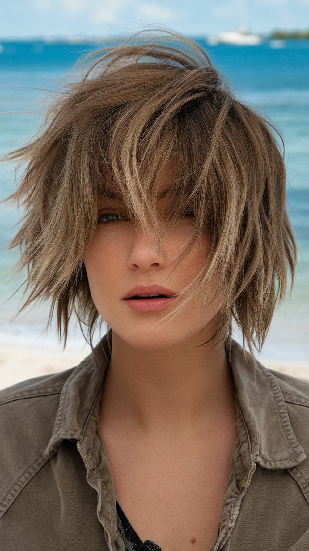 A woman with a messy textured shaggy bob hairstyle, standing by the beach with a relaxed expression.