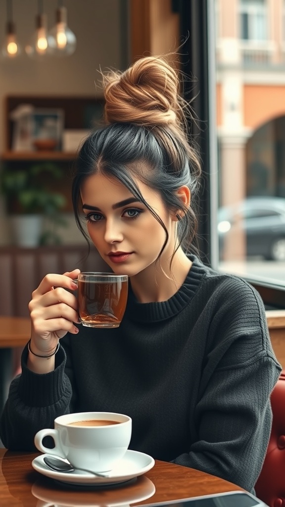 A woman with a messy top knot hairstyle, holding a cup of tea in a cozy café setting.