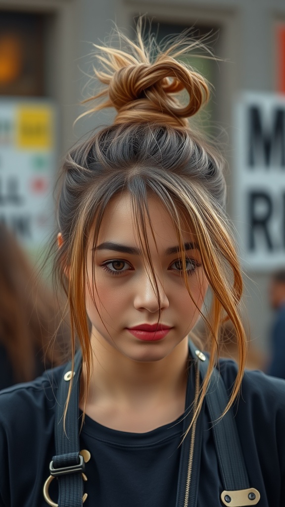 A young woman with a messy top knot hairstyle, showcasing a casual and stylish look.
