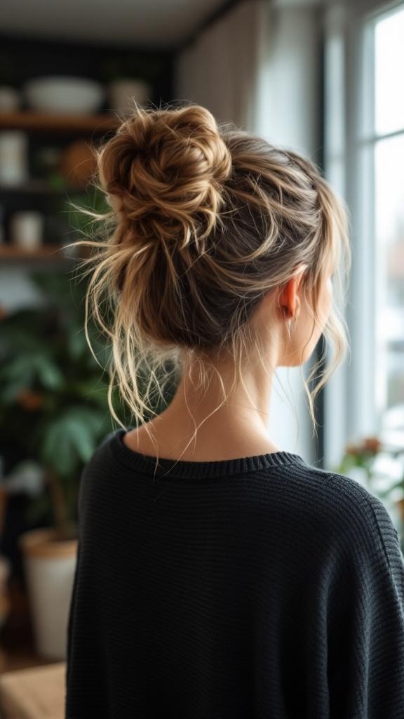 A woman with a messy tucked bun hairstyle, showcasing loose strands of hair around her face.