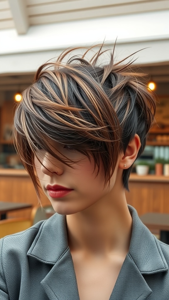 A stylish messy updo with shaggy ends, showcasing a playful and textured hairstyle.