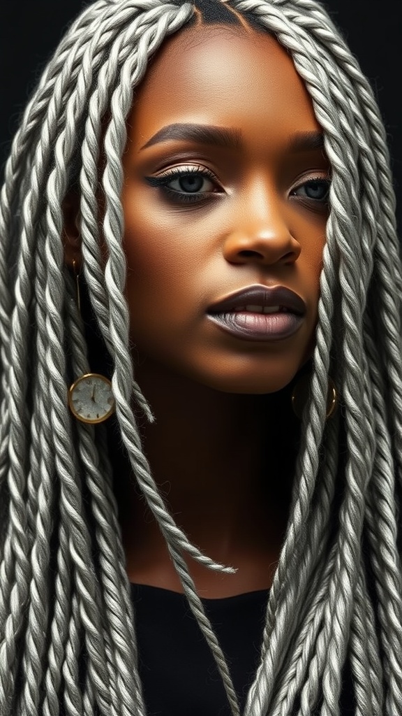 A close-up of a person with metallic silver locs, showcasing their unique hairstyle and features.